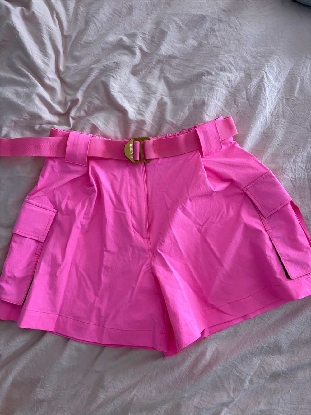 High-Rise Neon Pink Cargo Shorts with Utility Belt